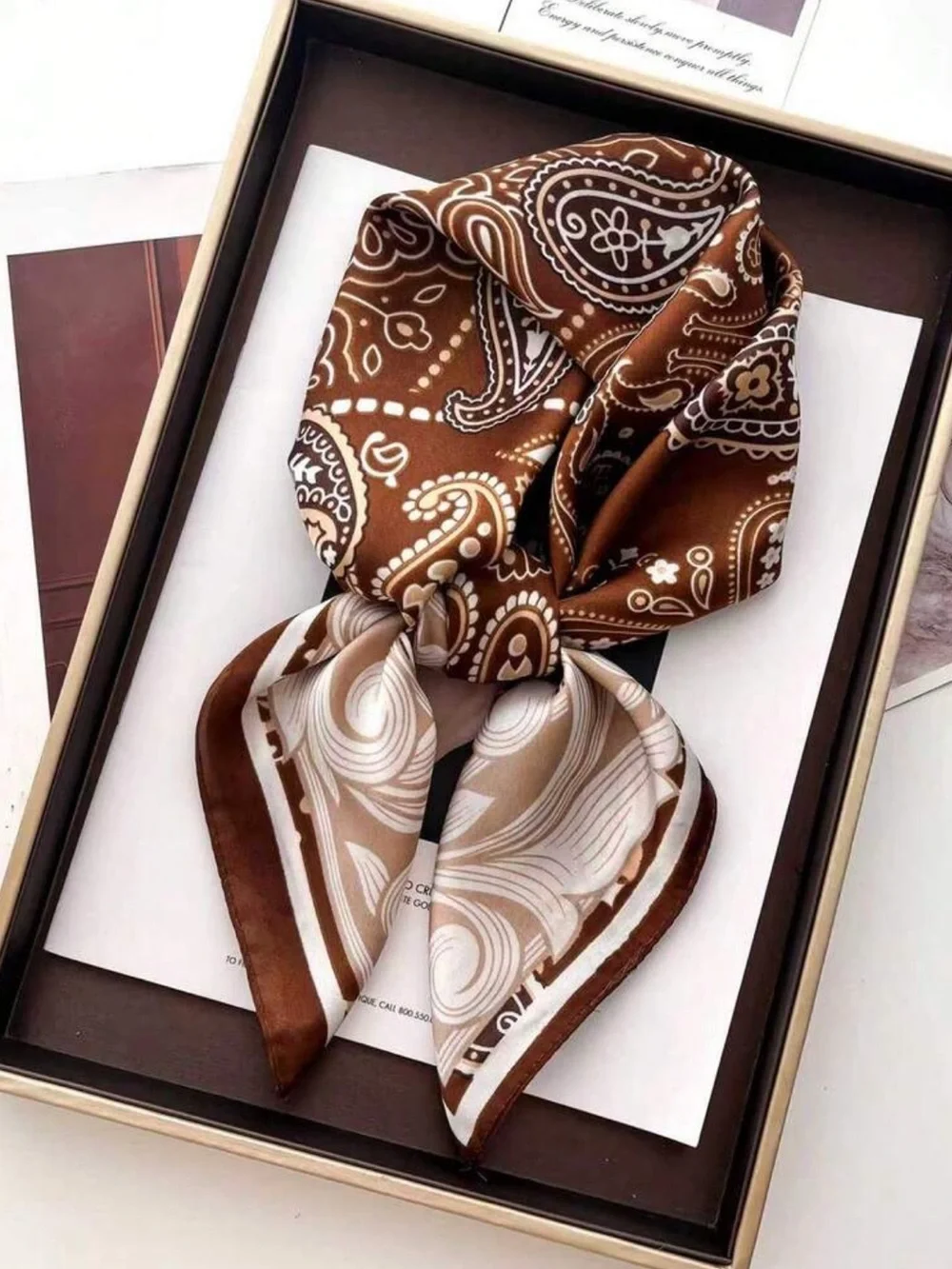Silky Brown Cashew Paisley & Cream Printed Neck Scarf